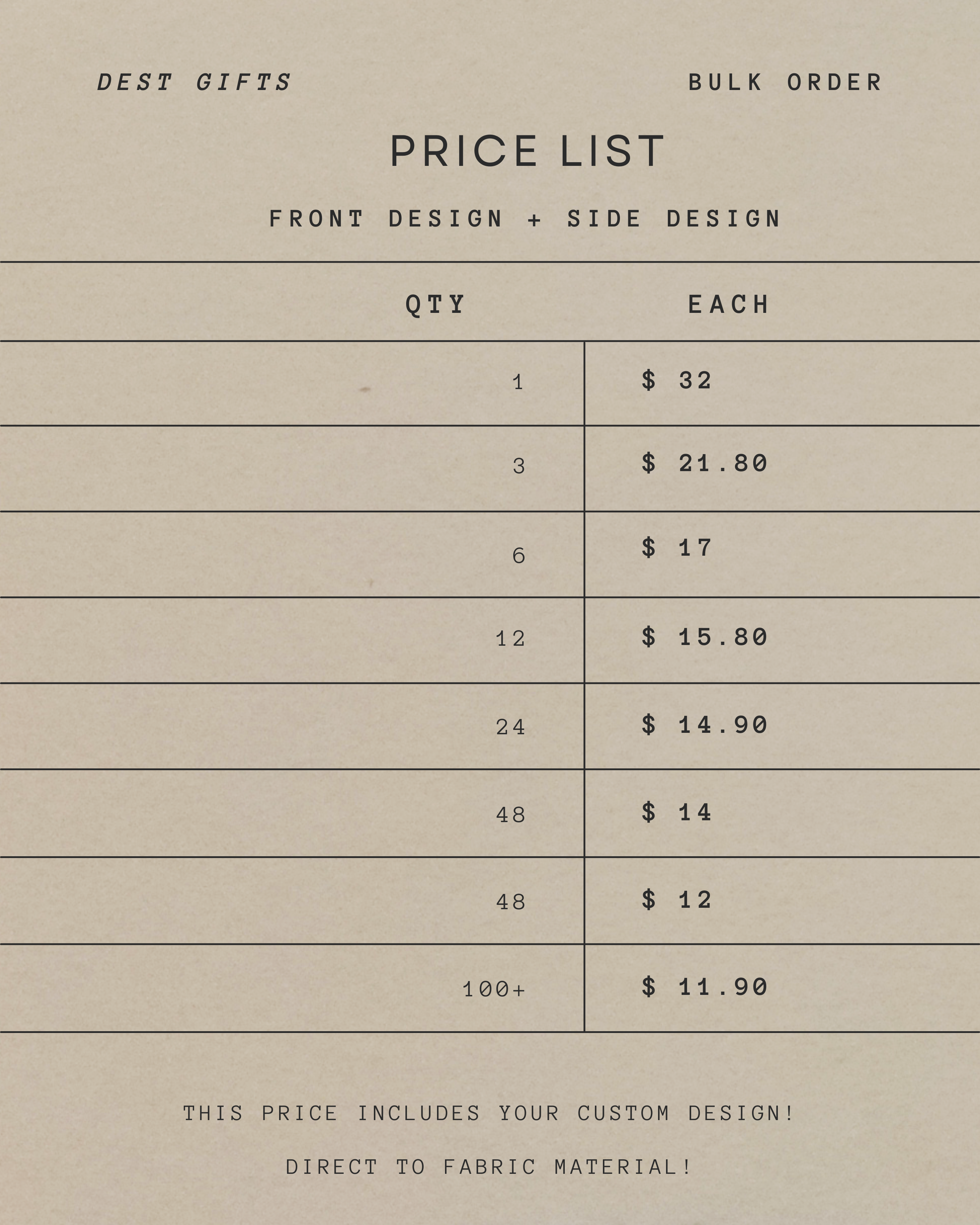 Choose Your Custom Design! FRONT & SIDE DESIGN